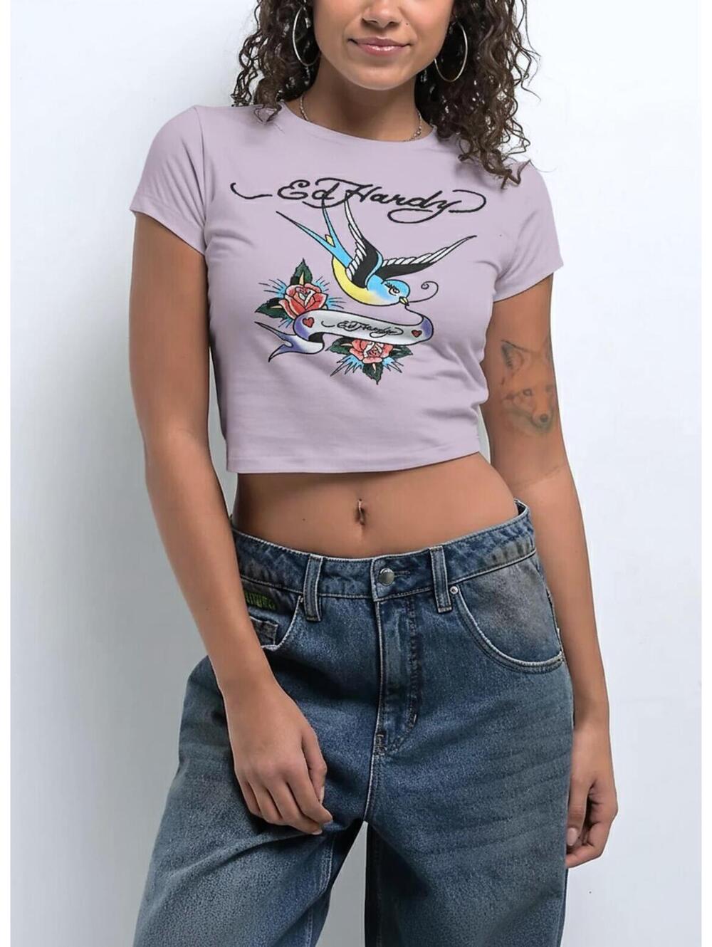 Ed Hardy Women's Graphic Crop T-Shirt Baby Tee Lavender Size XL